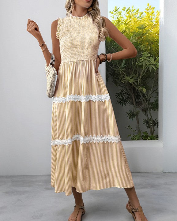 Lace Bodice Striped Tiered Maxi Dress - Yellow