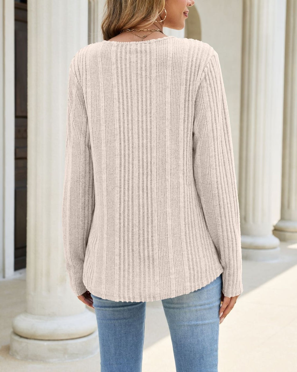 Buttoned Henley Tee in Soft Rib Knit - Apricot - 1