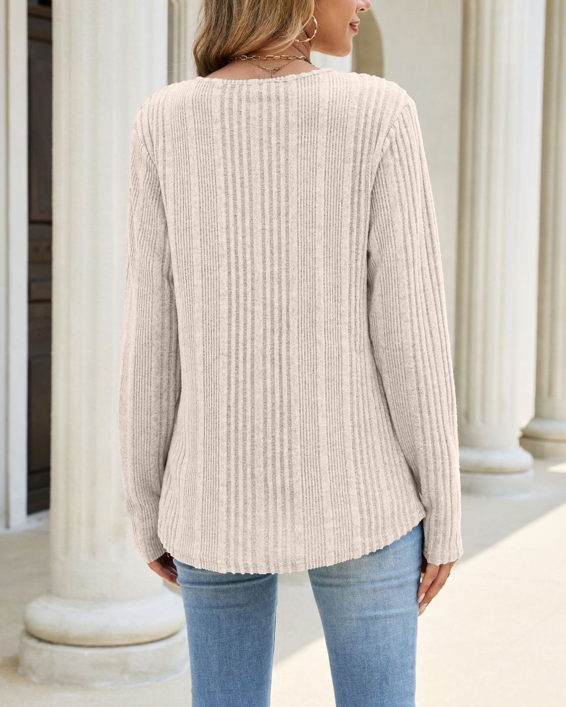 Buttoned Henley Tee in Soft Rib Knit - Apricot - 1