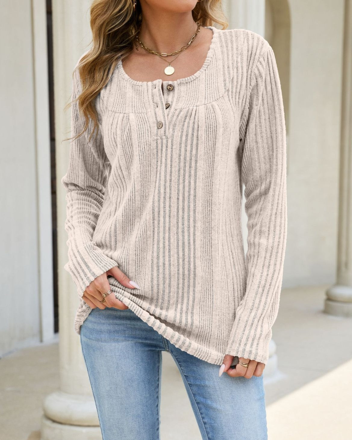 Buttoned Henley Tee in Soft Rib Knit - Apricot - 2