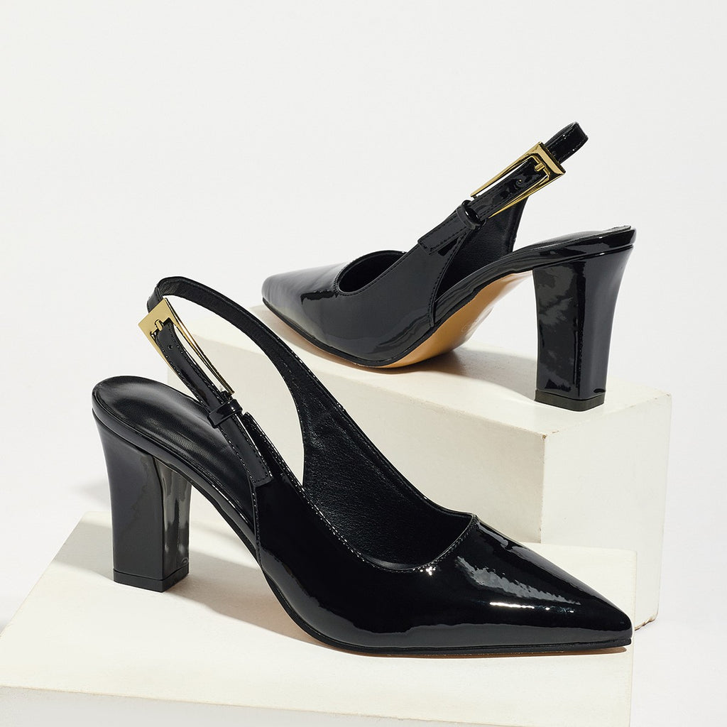 Pointed Toe Patent Slingback Block Heels