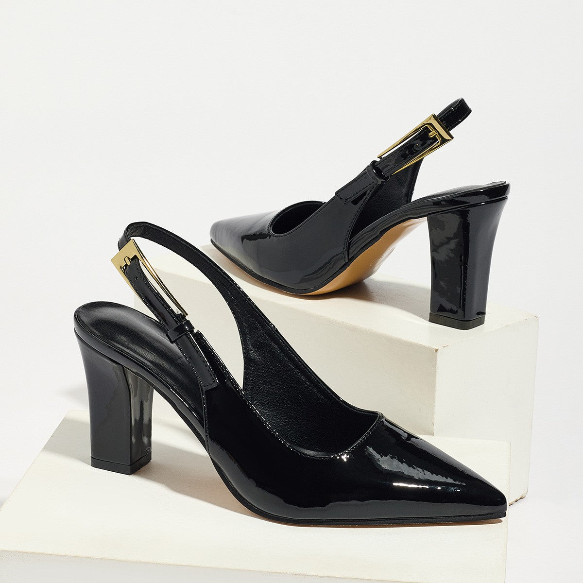 Pointed Toe Patent Slingback Block Heels