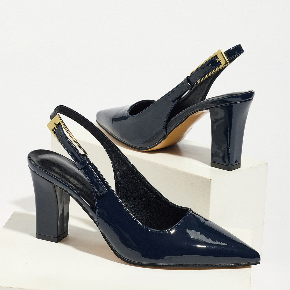 Pointed Toe Patent Slingback Block Heels