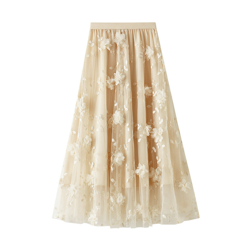Tulle Midi Skirt With 3D Flower Appliques - Beige
