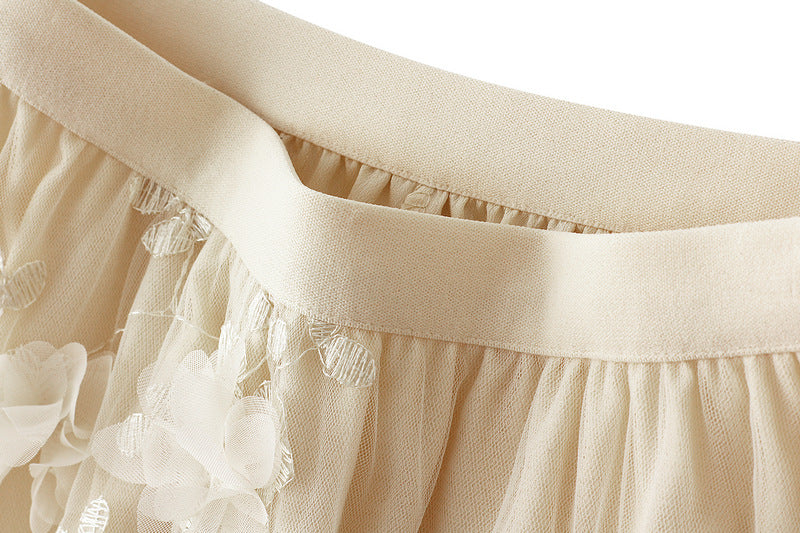 Tulle Midi Skirt With 3D Flower Appliques - Beige - 1