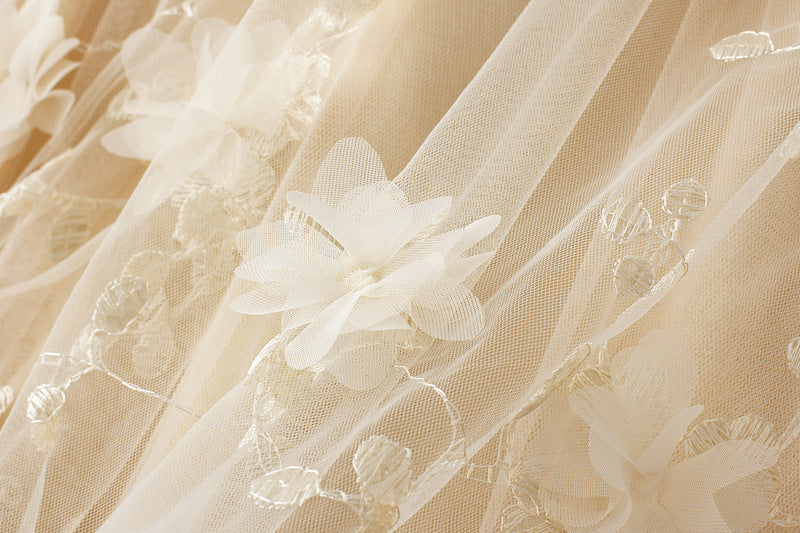 Tulle Midi Skirt With 3D Flower Appliques - Beige - 2