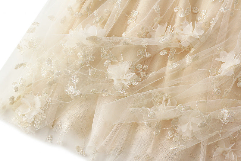 Tulle Midi Skirt With 3D Flower Appliques - Beige - 3