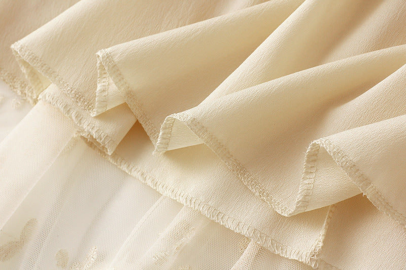 Tulle Midi Skirt With 3D Flower Appliques - Beige - 4