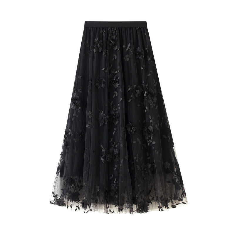 Tulle Midi Skirt With 3D Flower Appliques - Black