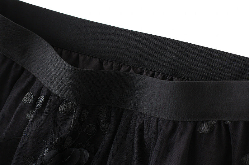 Tulle Midi Skirt With 3D Flower Appliques - Black - 1