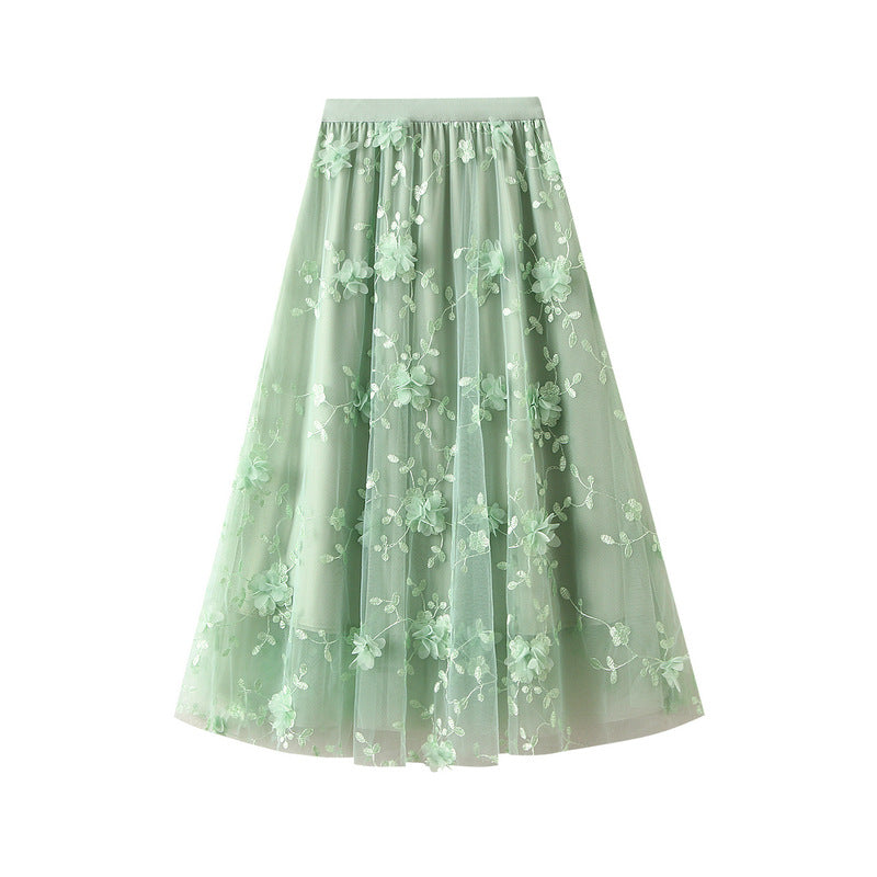 Tulle Midi Skirt With 3D Flower Appliques - Green