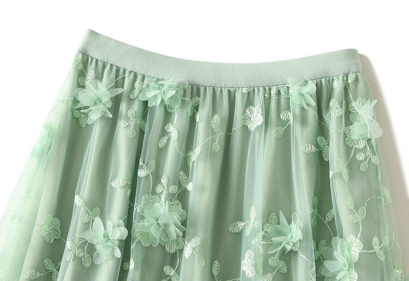 Tulle Midi Skirt With 3D Flower Appliques - Green - 1