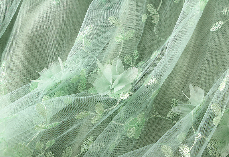 Tulle Midi Skirt With 3D Flower Appliques - Green - 2