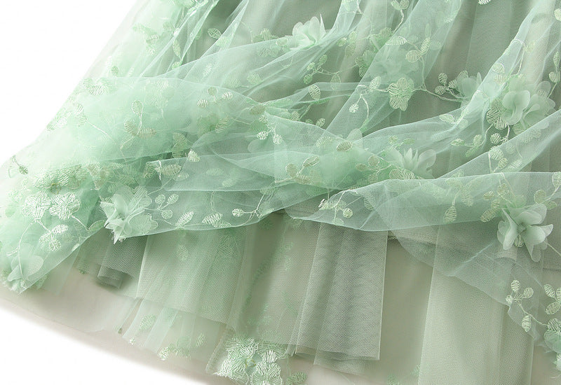 Tulle Midi Skirt With 3D Flower Appliques - Green - 3