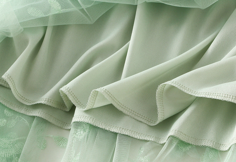 Tulle Midi Skirt With 3D Flower Appliques - Green - 4