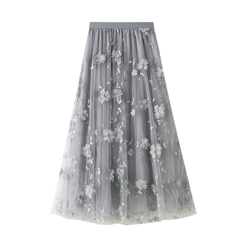 Tulle Midi Skirt With 3D Flower Appliques - Grey