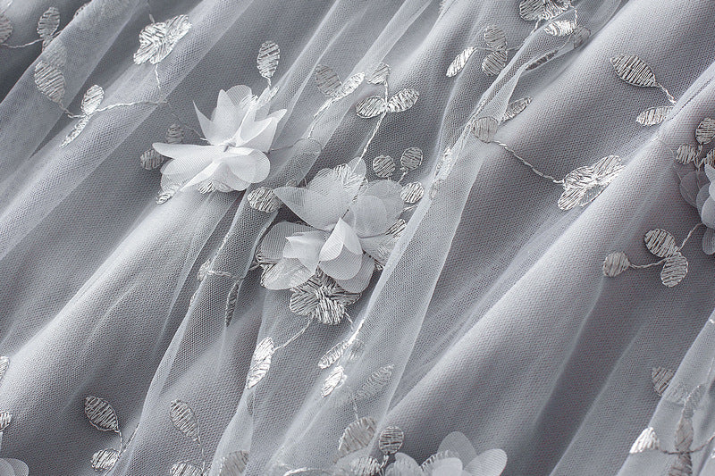 Tulle Midi Skirt With 3D Flower Appliques - Grey - 1