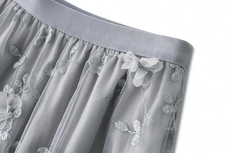 Tulle Midi Skirt With 3D Flower Appliques - Grey - 2
