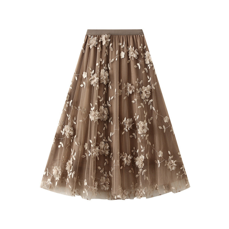 Tulle Midi Skirt With 3D Flower Appliques - Khaki