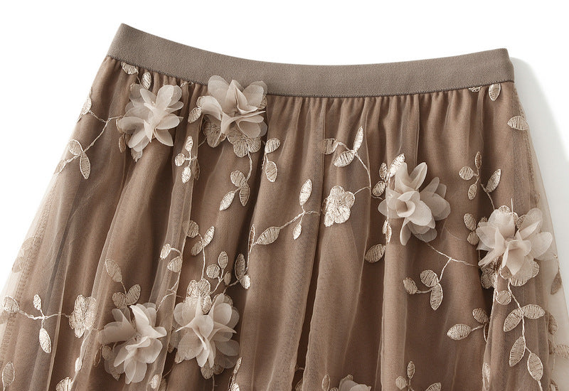 Tulle Midi Skirt With 3D Flower Appliques - Khaki - 1