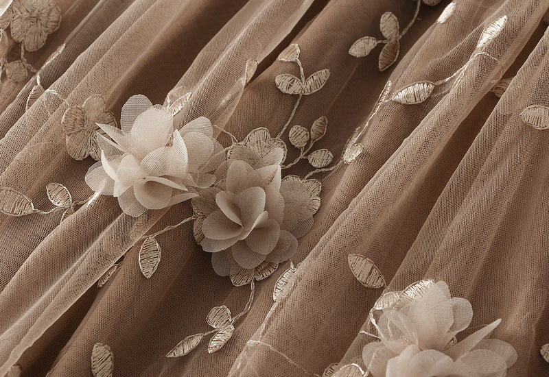 Tulle Midi Skirt With 3D Flower Appliques - Khaki - 2