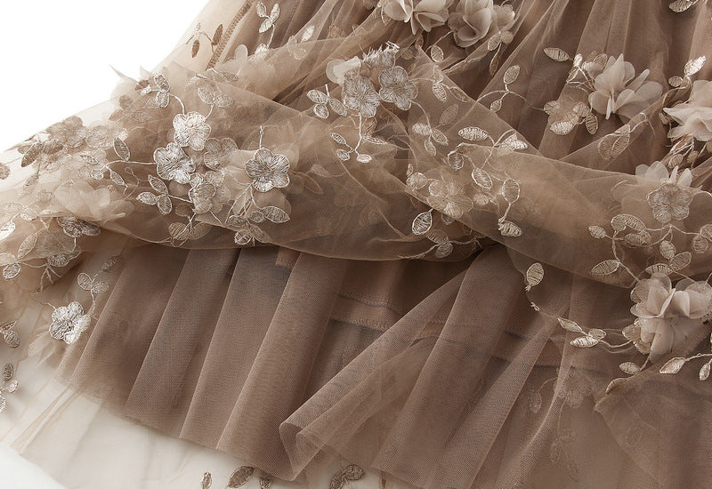 Tulle Midi Skirt With 3D Flower Appliques - Khaki - 3