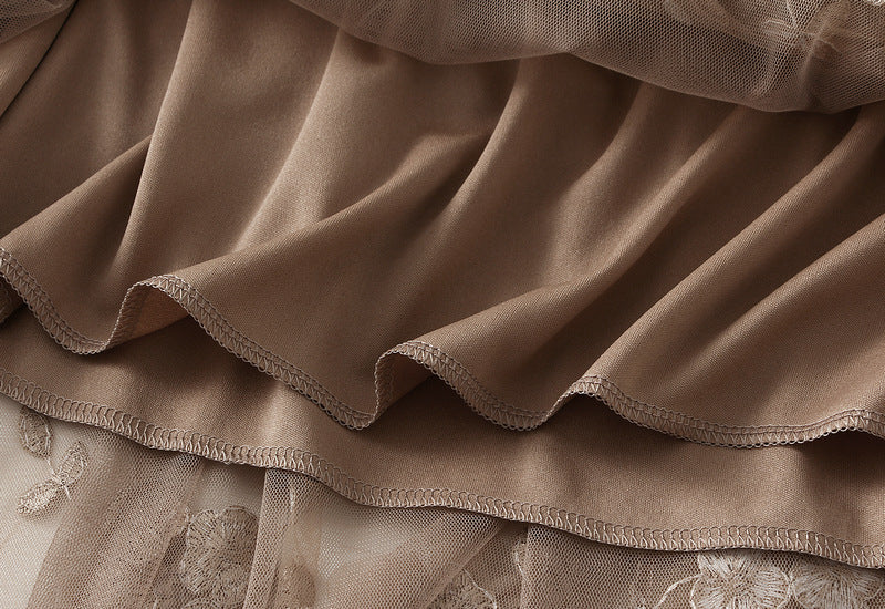 Tulle Midi Skirt With 3D Flower Appliques - Khaki - 4