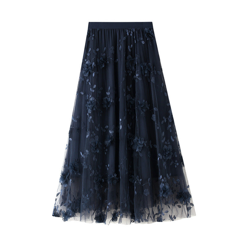 Tulle Midi Skirt With 3D Flower Appliques - Navy