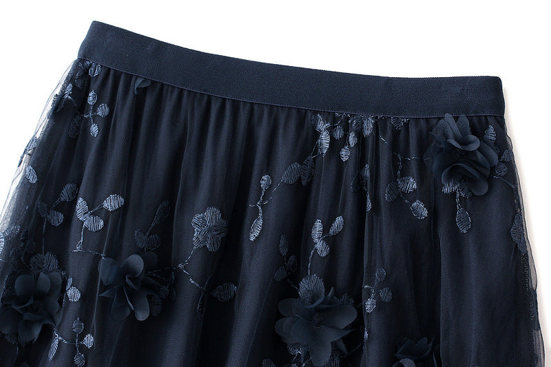 Tulle Midi Skirt With 3D Flower Appliques - Navy - 1