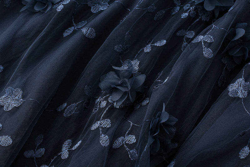 Tulle Midi Skirt With 3D Flower Appliques - Navy - 2