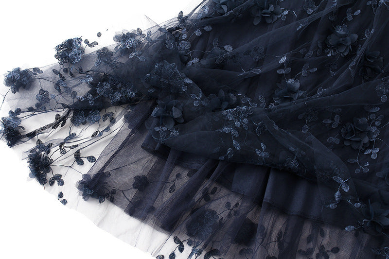 Tulle Midi Skirt With 3D Flower Appliques - Navy - 3