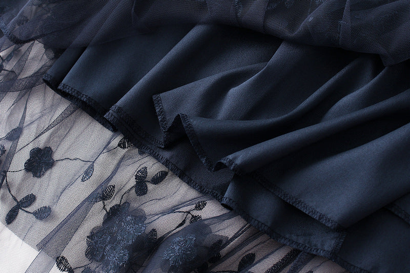 Tulle Midi Skirt With 3D Flower Appliques - Navy - 4