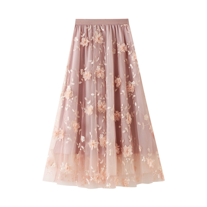 Tulle Midi Skirt With 3D Flower Appliques - Pink - 1