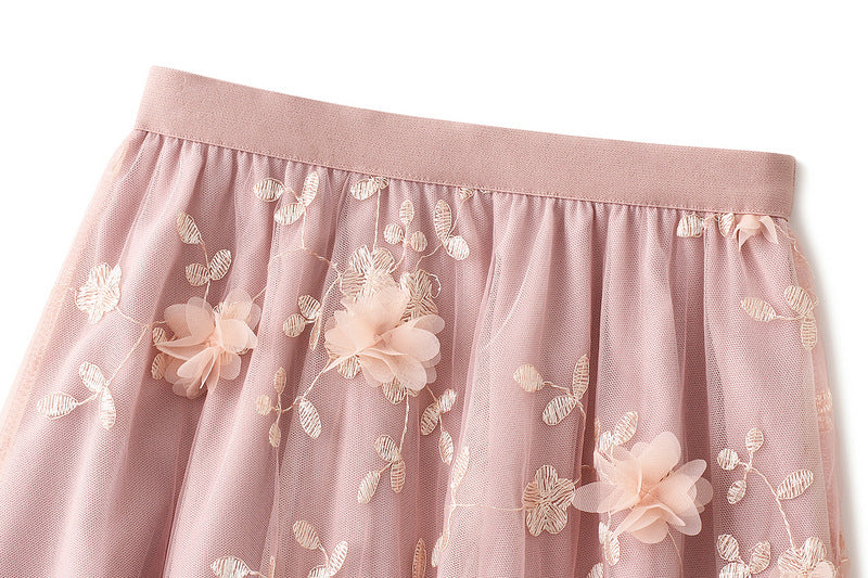 Tulle Midi Skirt With 3D Flower Appliques - Pink - 2