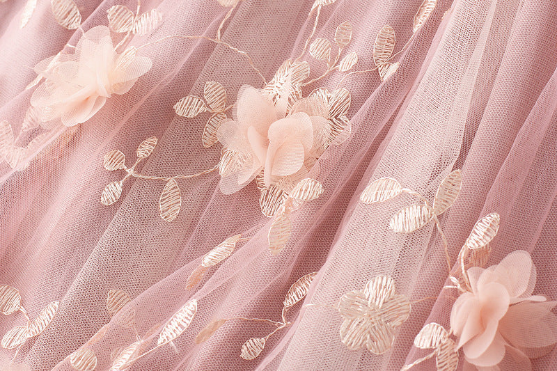 Tulle Midi Skirt With 3D Flower Appliques - Pink - 3
