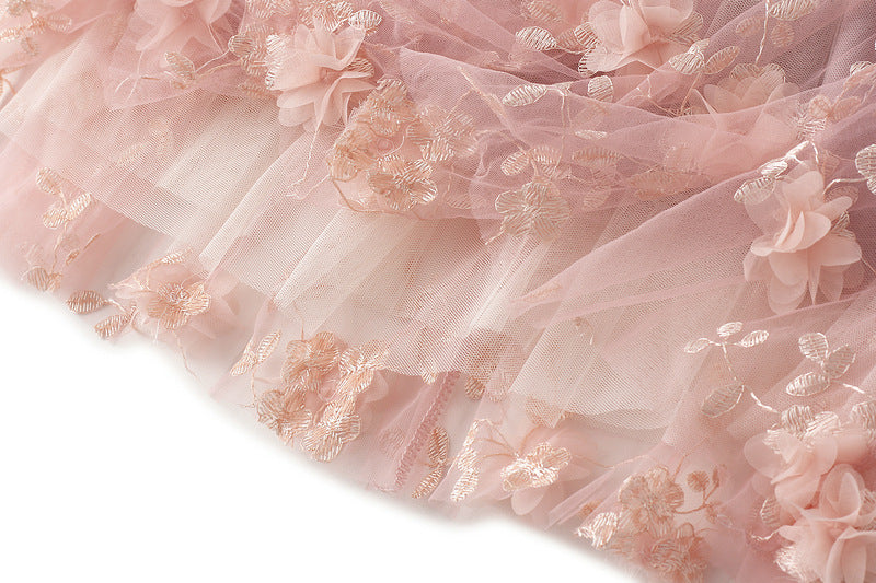 Tulle Midi Skirt With 3D Flower Appliques - Pink - 4