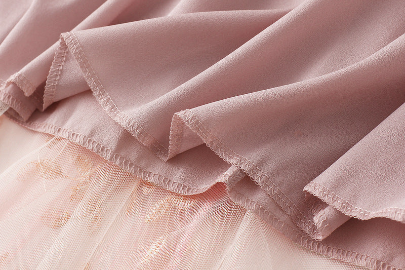 Tulle Midi Skirt With 3D Flower Appliques - Pink - 5