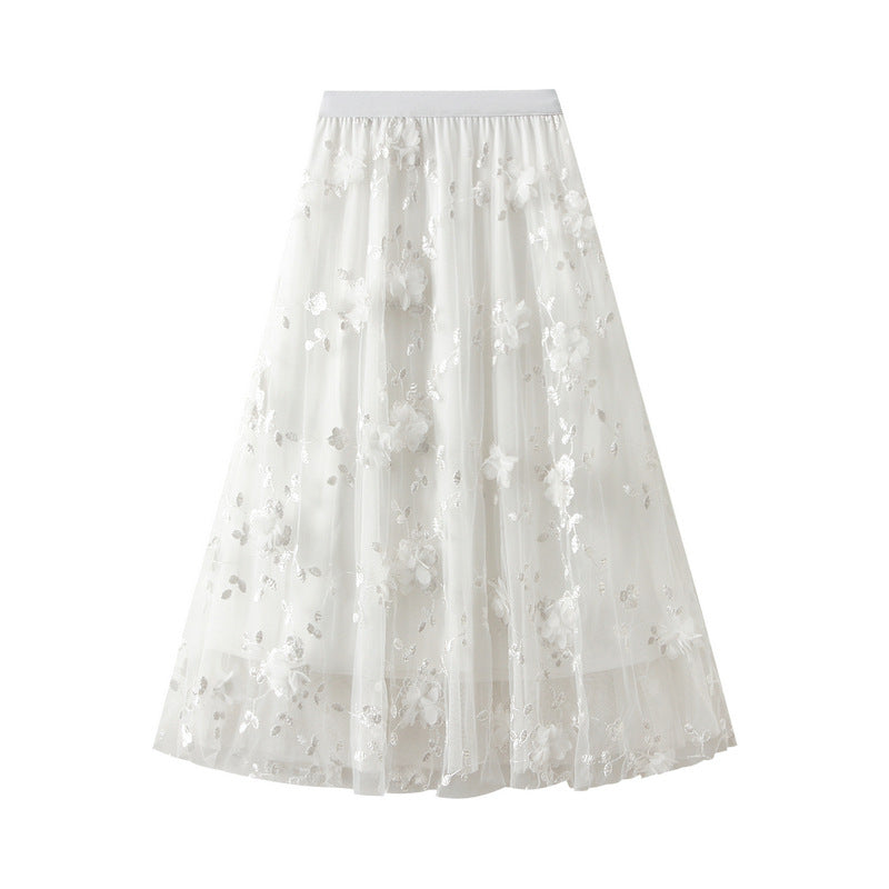 Tulle Midi Skirt With 3D Flower Appliques - White