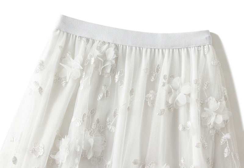 Tulle Midi Skirt With 3D Flower Appliques - White - 1