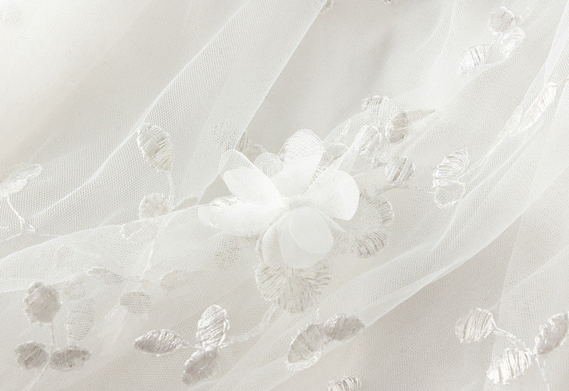Tulle Midi Skirt With 3D Flower Appliques - White - 2