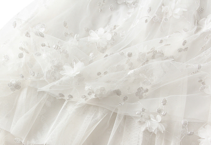 Tulle Midi Skirt With 3D Flower Appliques - White - 3