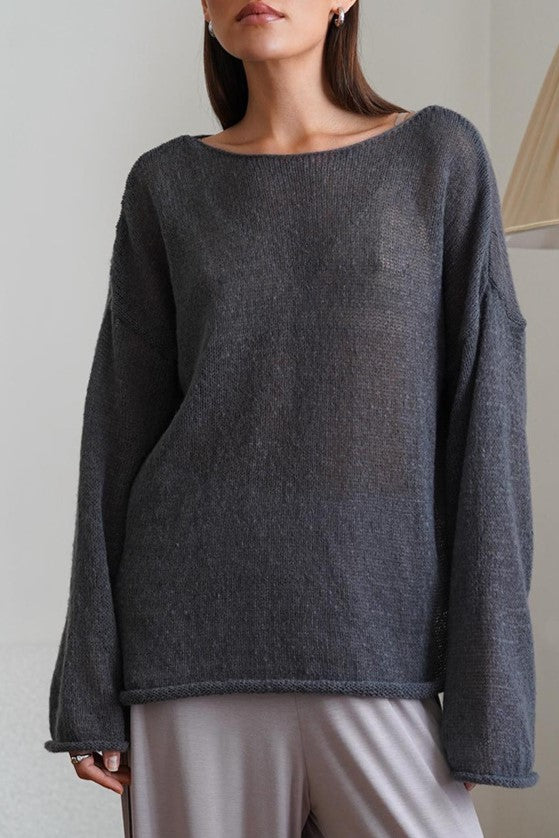 Sheer Lightweight Boat Neck Knit Sweater - Grey - 1