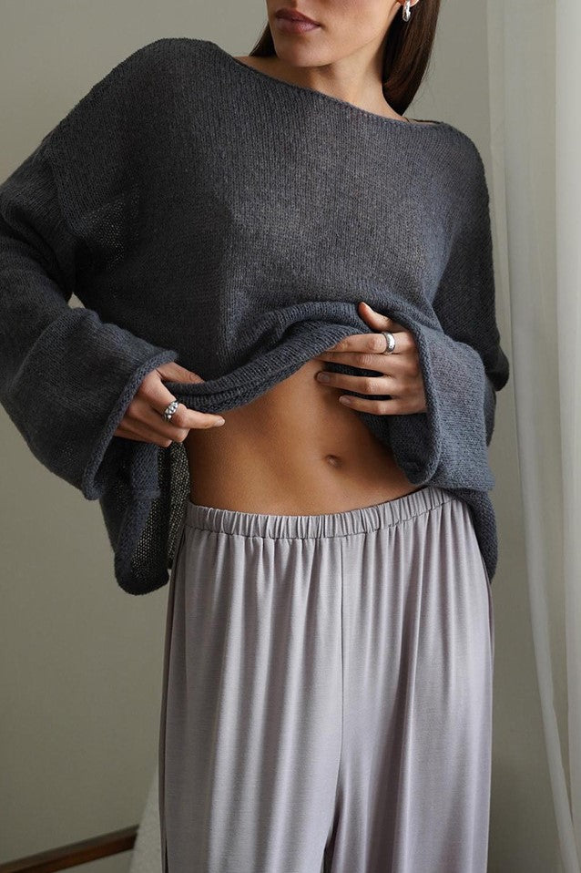 Sheer Lightweight Boat Neck Knit Sweater - Grey - 2