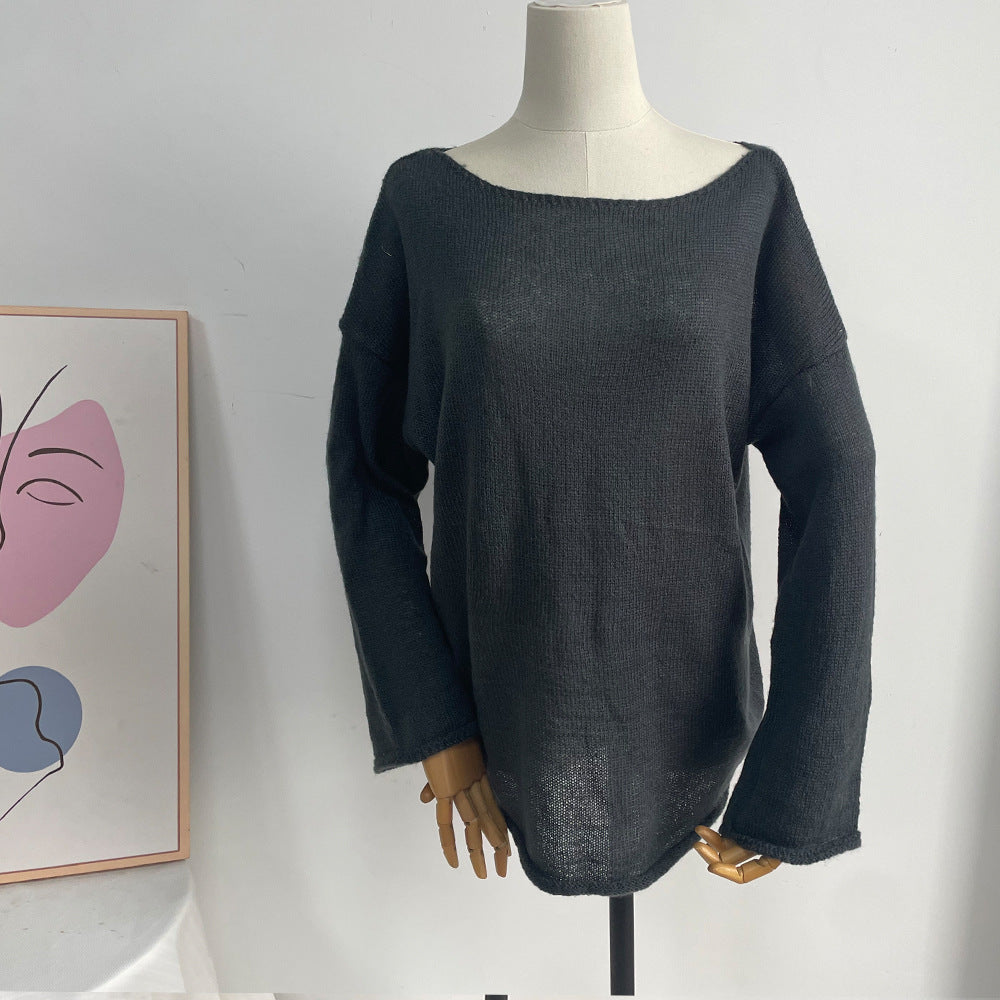 Sheer Lightweight Boat Neck Knit Sweater - Grey - 3