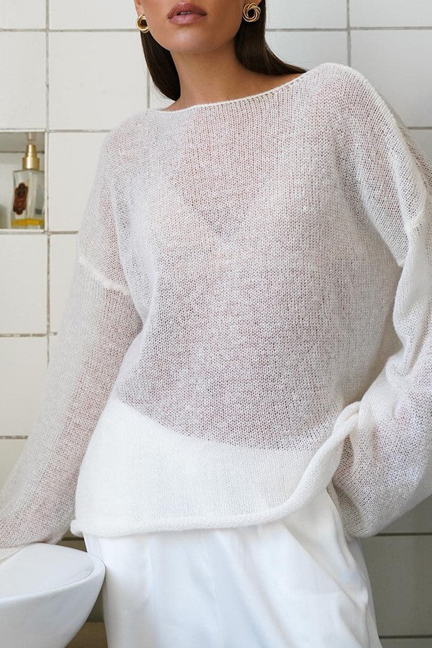Sheer Lightweight Boat Neck Knit Sweater - Off white