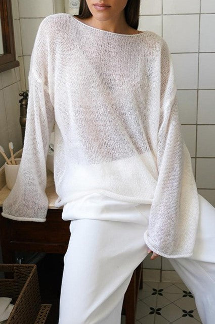 Sheer Lightweight Boat Neck Knit Sweater - Off white - 1