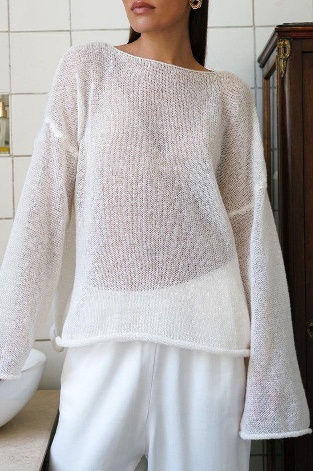 Sheer Lightweight Boat Neck Knit Sweater - Off white - 2