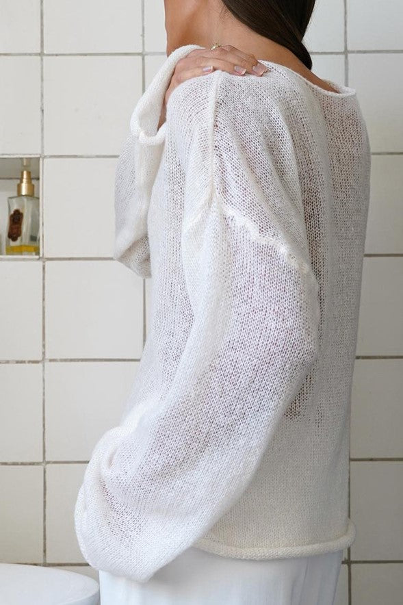 Sheer Lightweight Boat Neck Knit Sweater - Off white - 5