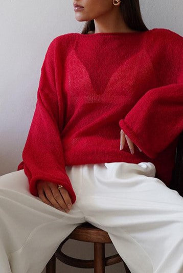 Sheer Lightweight Boat Neck Knit Sweater - Red - 3