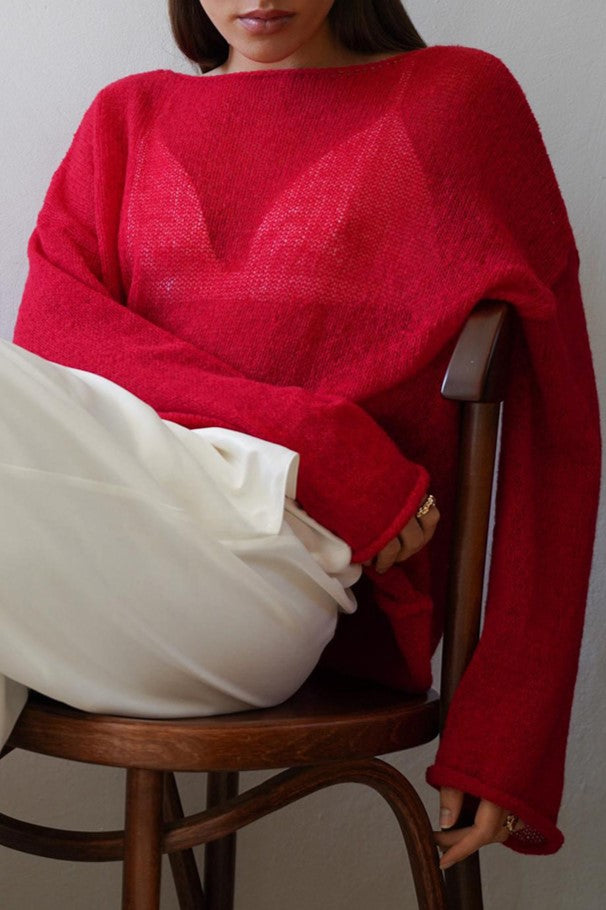 Sheer Lightweight Boat Neck Knit Sweater - Red - 4